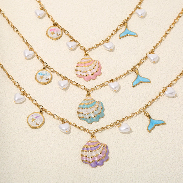 Sweet And Fresh Ocean Style Stainless Steel Necklace With Shell Fish Tail Heart Pendant And Oil Dripping Design