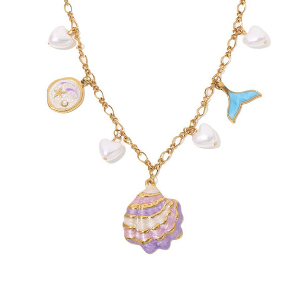 Sweet And Fresh Ocean Style Stainless Steel Necklace With Shell Fish Tail Heart Pendant And Oil Dripping Design