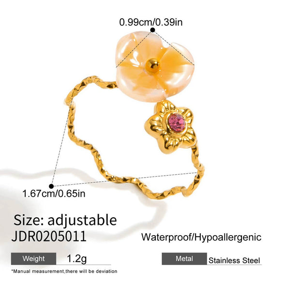 Sweet And Romantic Summer Colorful Flower Hammer Pattern Adjustable Open Ring For Women Made Of 18K Gold Plated Stainless Steel With Electroplating