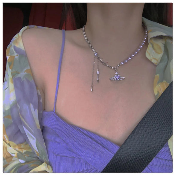 Sweet Artistic Cool Style Galaxy Heart Shape Alloy Inlay Zircon Women's Necklace