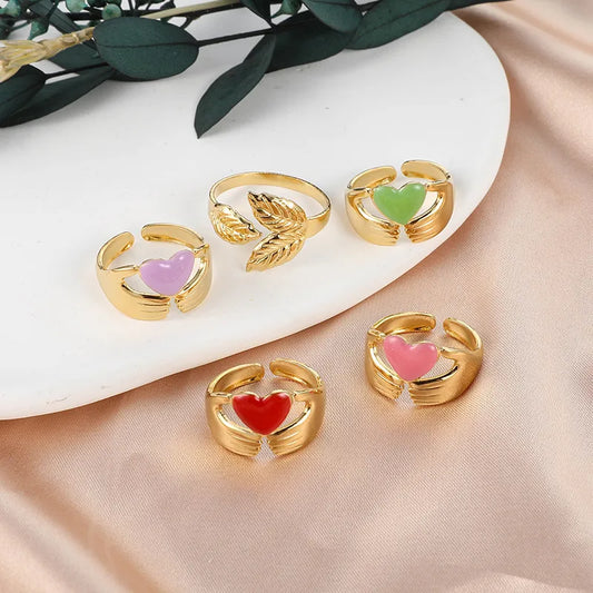 Wholesale Jewelry Sweet Artistic Gesture Leaves Heart Shape 304 Stainless Steel Enamel Plating Open Rings