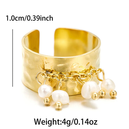 Sweet Artistic Round Stainless Steel Plating Inlay Freshwater Pearl 18k Gold Plated Open Rings