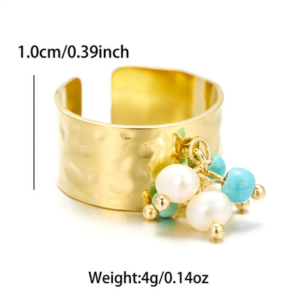 Sweet Artistic Round Stainless Steel Plating Inlay Freshwater Pearl 18k Gold Plated Open Rings