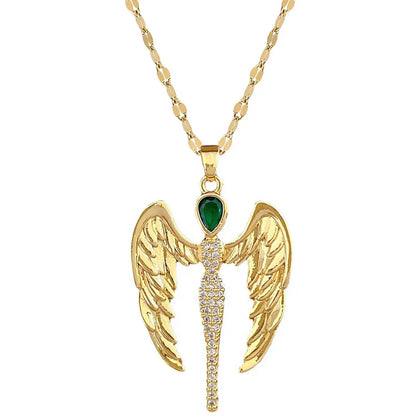 Titanium Steel Copper Sweet Artistic Inlay Wings Artificial Gemstones Pendant Necklace