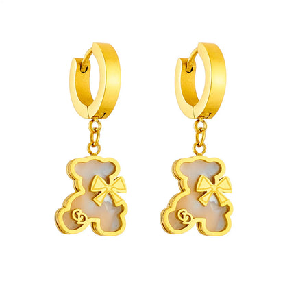 Wholesale Sweet Bear Bow Knot Titanium Steel Inlay Shell Earrings Necklace