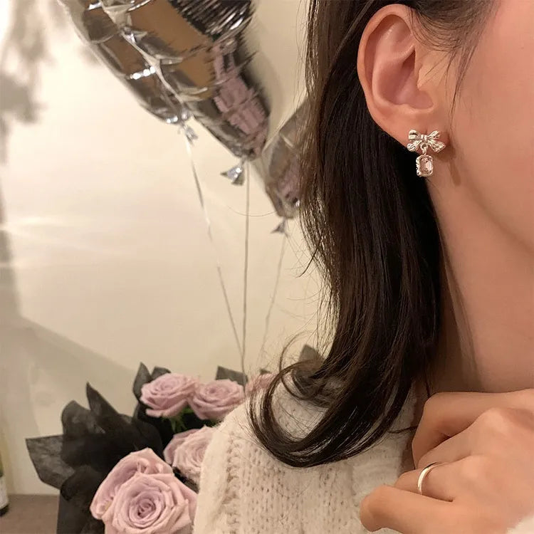 Sweet Bow Knot Alloy Inlay Artificial Crystal Women'S Drop Earrings