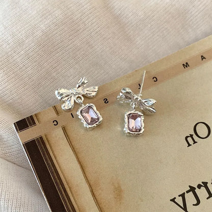 Sweet Bow Knot Alloy Inlay Artificial Crystal Women'S Drop Earrings