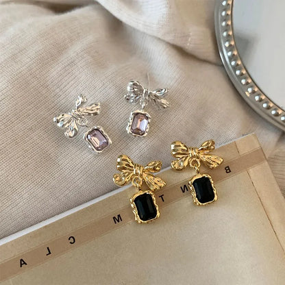 Sweet Bow Knot Alloy Inlay Artificial Crystal Women'S Drop Earrings