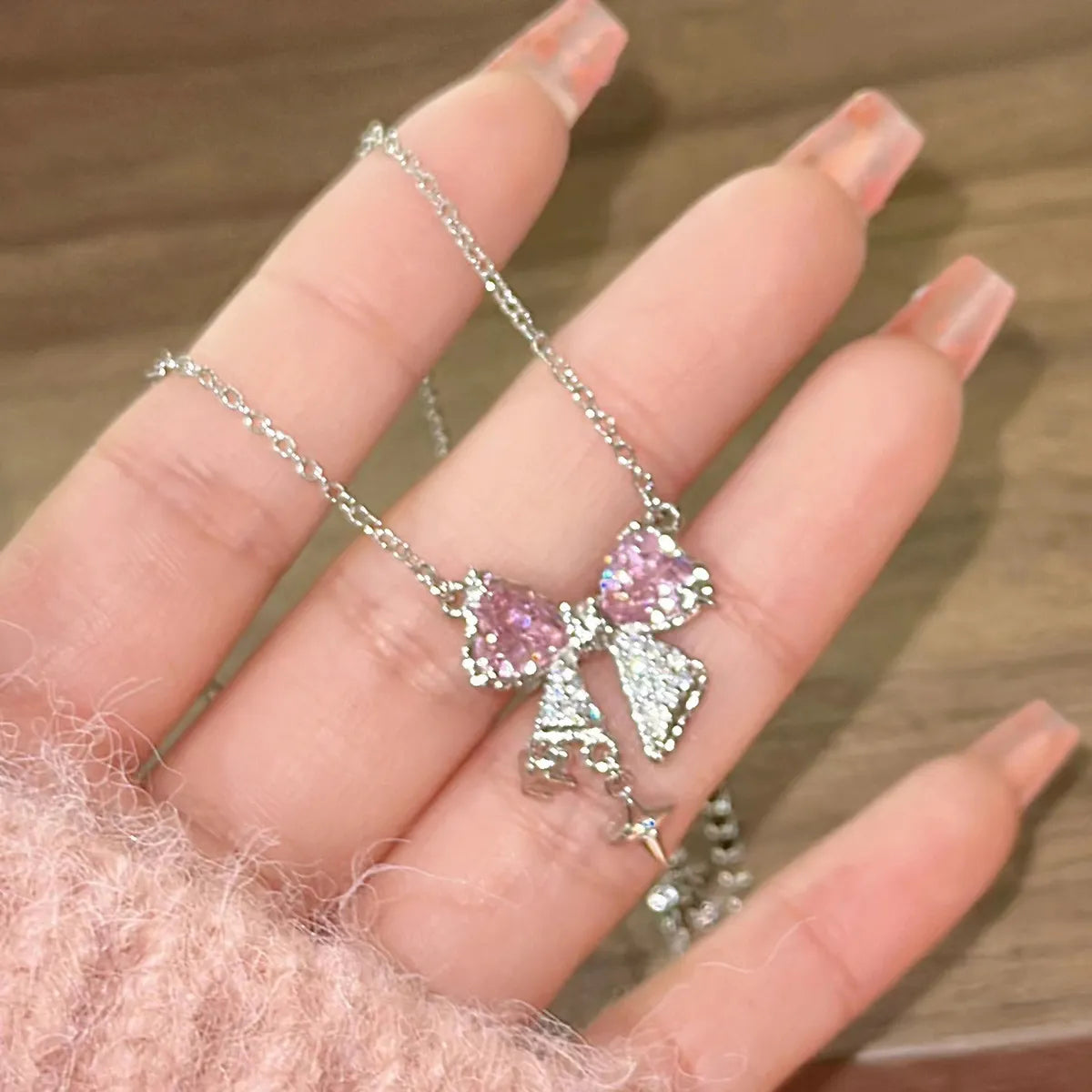 Sweet Bow Knot Copper Plating Inlay Zircon Pendant Necklace