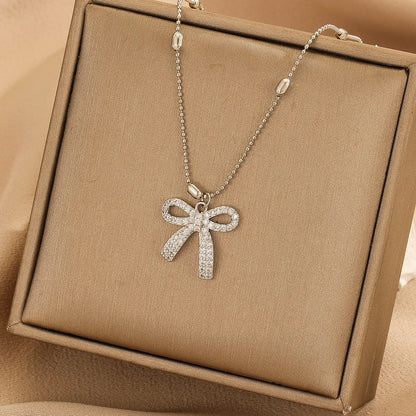 Sweet Bow Knot Copper Zircon Pendant Necklace