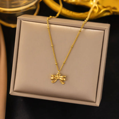 304 Stainless Steel 18K Gold Plated Sweet Plating Bow Knot Pendant Necklace