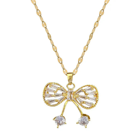 Sweet Bow Knot Titanium Steel Plating Inlay Zircon Earrings Necklace