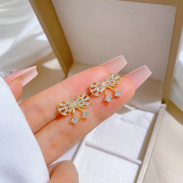 Sweet Bow Knot Titanium Steel Plating Inlay Zircon Earrings Necklace