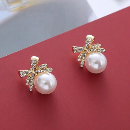 Sweet Butterfly Polyester Fabric Alloy Inlay Artificial Pearls Rhinestones Women'S Earrings 1 Pair