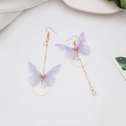 Sweet Butterfly Polyester Fabric Alloy Inlay Artificial Pearls Rhinestones Women'S Earrings 1 Pair