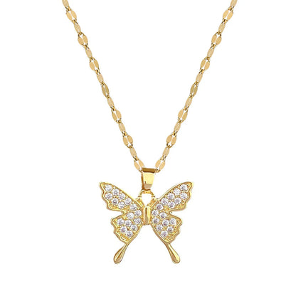 Stainless Steel Copper Sweet Inlay Butterfly Artificial Gemstones Pendant Necklace