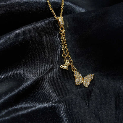 Sweet Butterfly Stainless Steel Plating Inlay Zircon 18k Gold Plated Pendant Necklace