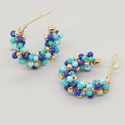 1 Pair Sweet C Shape Multicolor Beaded Braid Glass Copper Ear Studs