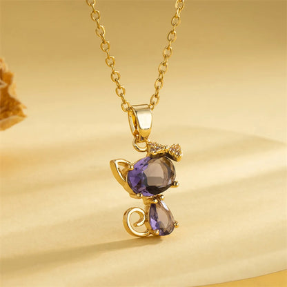 Sweet Cat Stainless Steel Plating Inlay Artificial Diamond Pendant Necklace