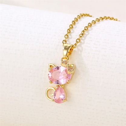 Sweet Cat Stainless Steel Plating Inlay Artificial Diamond Pendant Necklace