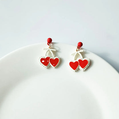 Sweet Cherry Heart Shape Alloy Enamel Drop Earrings