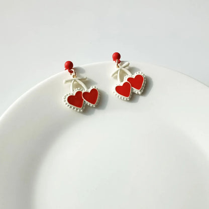 Sweet Cherry Heart Shape Alloy Enamel Drop Earrings