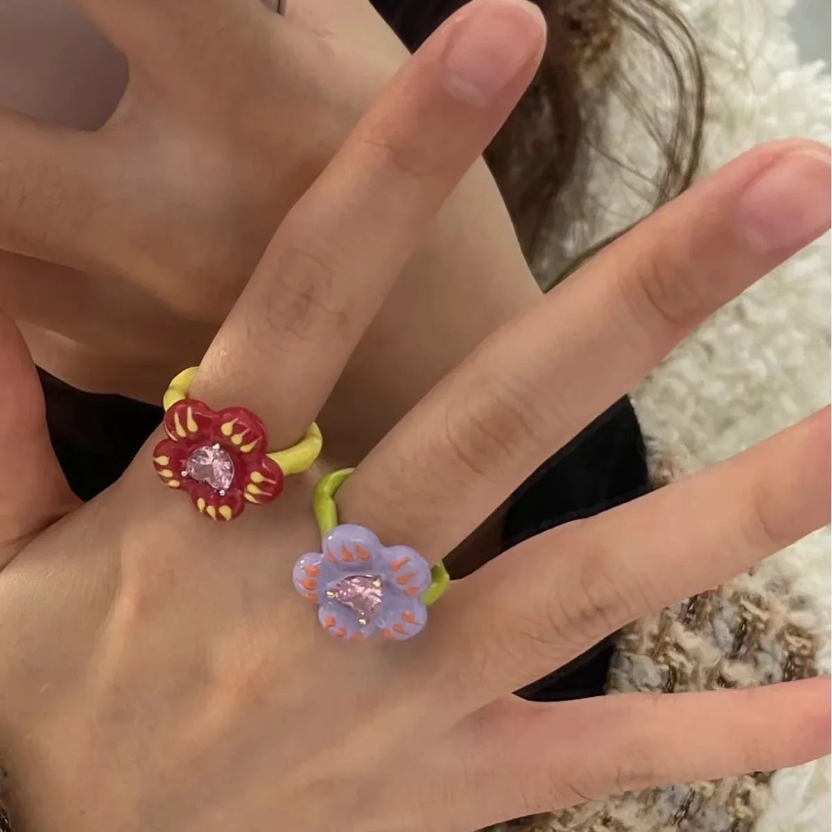 Sweet Classic Style Korean Style Heart Shape Flower Alloy Enamel Inlay Rhinestones Women'S Open Rings