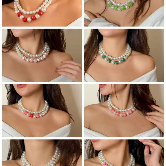 Sweet Color Block Imitation Pearl Wooden Beads Wholesale Choker