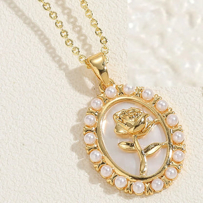 Sweet Commute Clouds Bear Rose Copper Plating Inlay Pearl Shell Zircon 14k Gold Plated Pendant Necklace