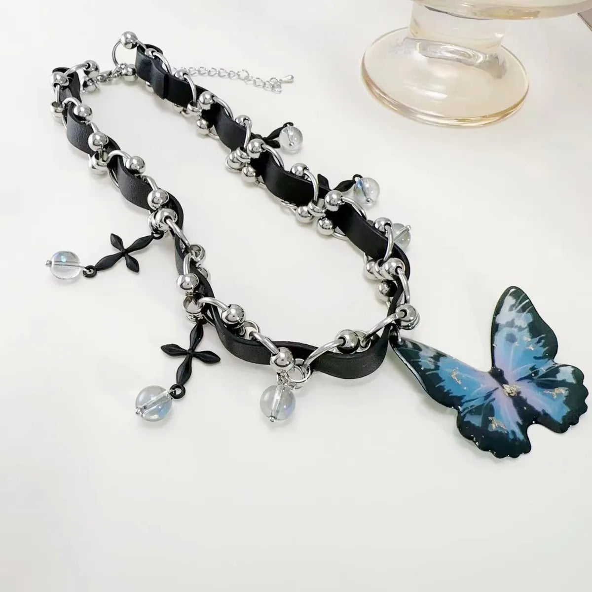 Sweet Cool Style Butterfly Artificial Crystal Pu Leather Women'S Choker