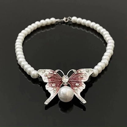 Sweet Cool Style Butterfly Imitation Pearl Alloy Plush Enamel Inlay Artificial Diamond Women's Necklace