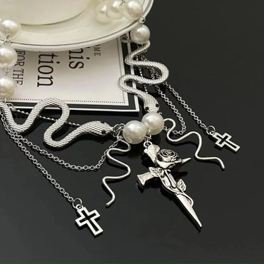 Sweet Cool Style Cross Rose Snake Imitation Pearl Alloy Plating Women's Necklace