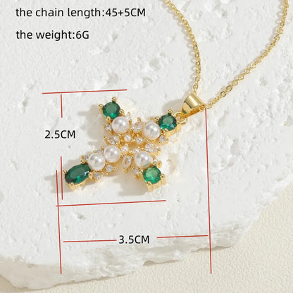 Sweet Cross Copper Plating Inlay Zircon 14k Gold Plated Pendant Necklace