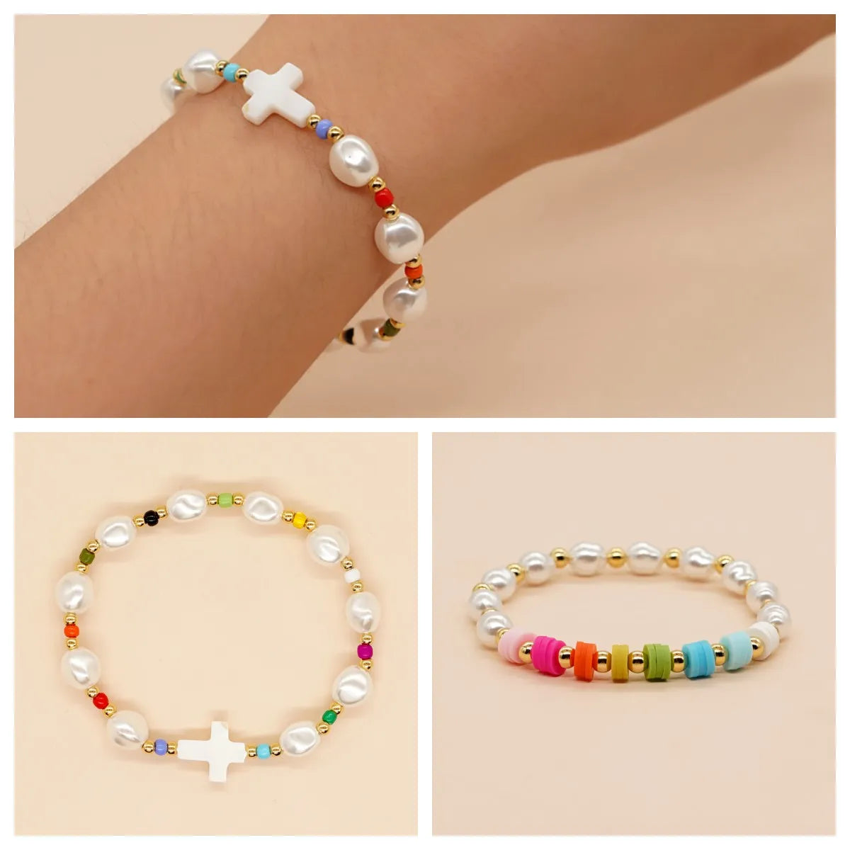 Sweet Cross Imitation Pearl Soft Clay Wholesale Bracelets