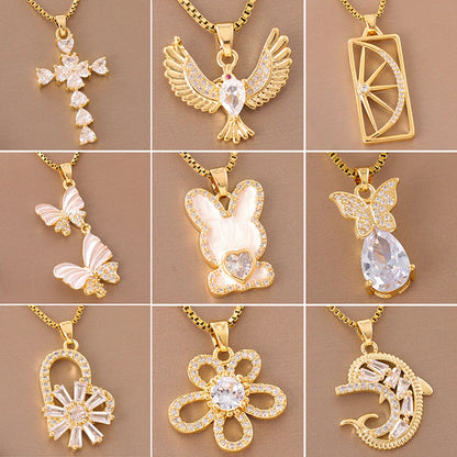 Sweet Cross Little Bear Flower Stainless Steel Enamel Plating Inlay Artificial Diamond 18k Gold Plated Pendant Necklace