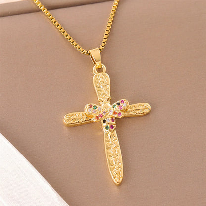 Sweet Cross Little Bear Flower Stainless Steel Enamel Plating Inlay Artificial Diamond 18k Gold Plated Pendant Necklace