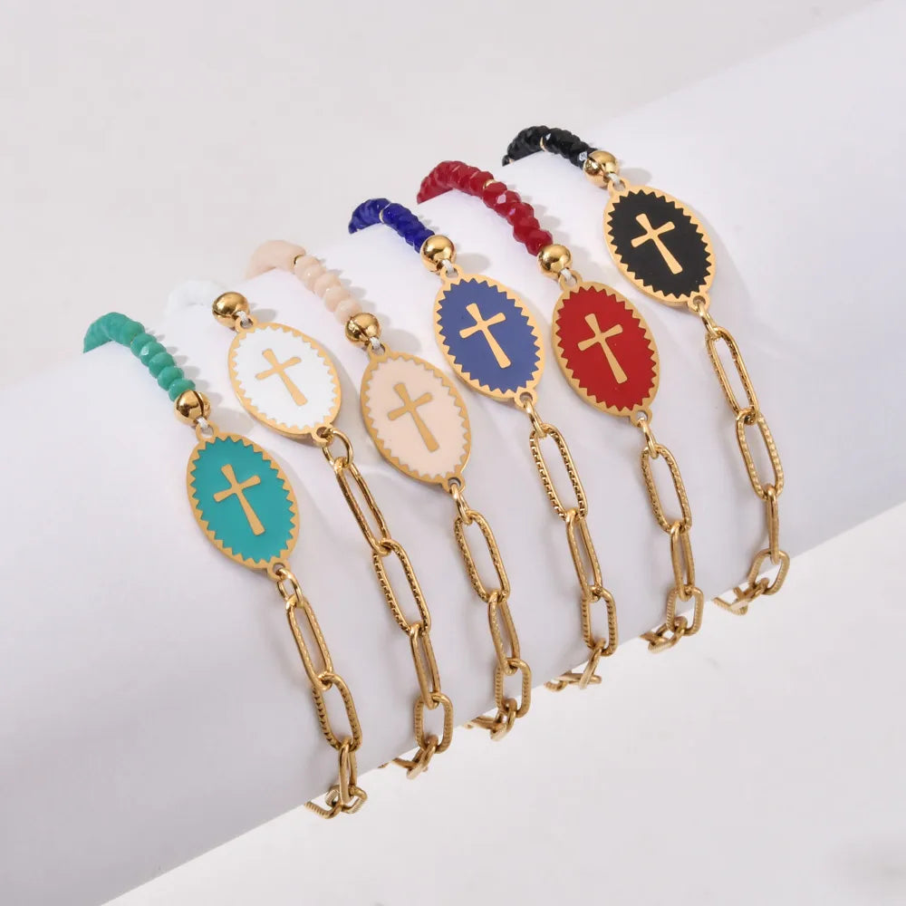 Sweet Cross Stainless Steel Natural Stone Beaded Plating Bracelets