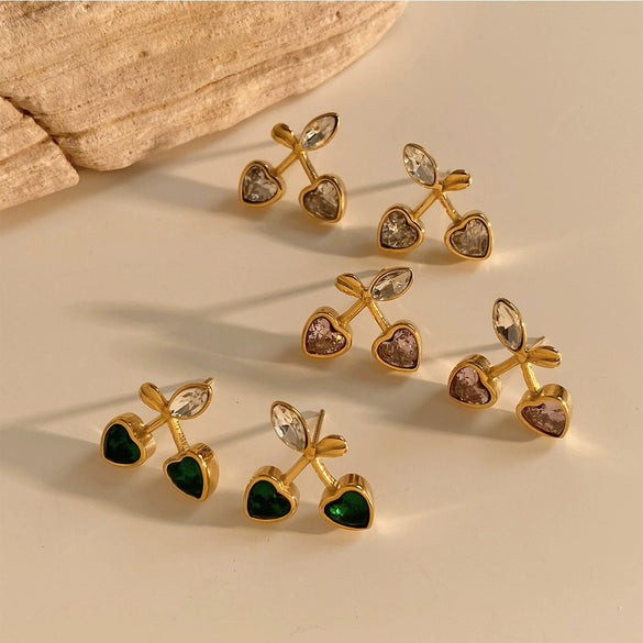 Sweet Cute Love Niche Design Cherry Earrings Stainless Steel With Electroplating And Geometric Fruit Pattern