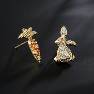 Sweet Cute Rabbit Carrot Shape Copper Plated 18k Gold Zircon Earrings Stud