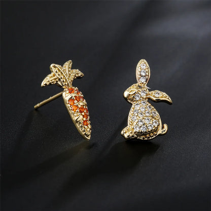 Sweet Cute Rabbit Carrot Shape Copper Plated 18k Gold Zircon Earrings Stud