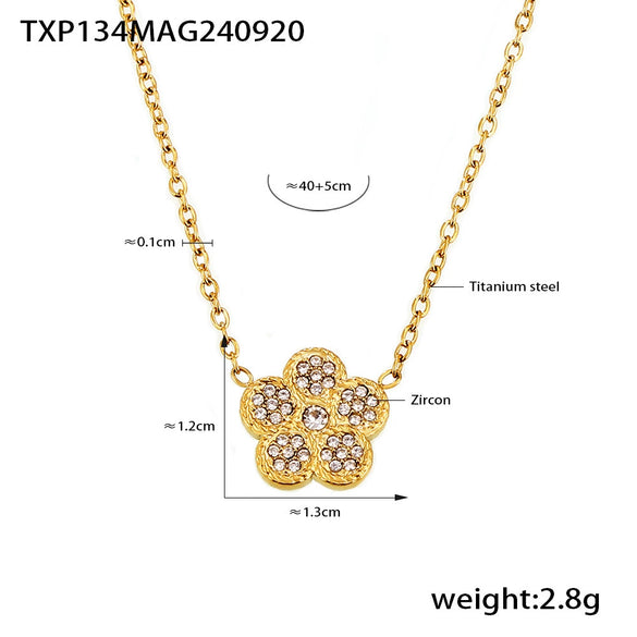 Sweet Fiveleaf Flower Inlaid Zircon Titanium Steel Doublelayer Clavicle Necklace And Bracelet Suit With Pvd Vacuum Plating Color Retention