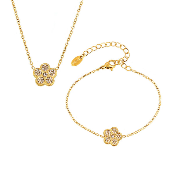 Sweet Fiveleaf Flower Inlaid Zircon Titanium Steel Doublelayer Clavicle Necklace And Bracelet Suit With Pvd Vacuum Plating Color Retention