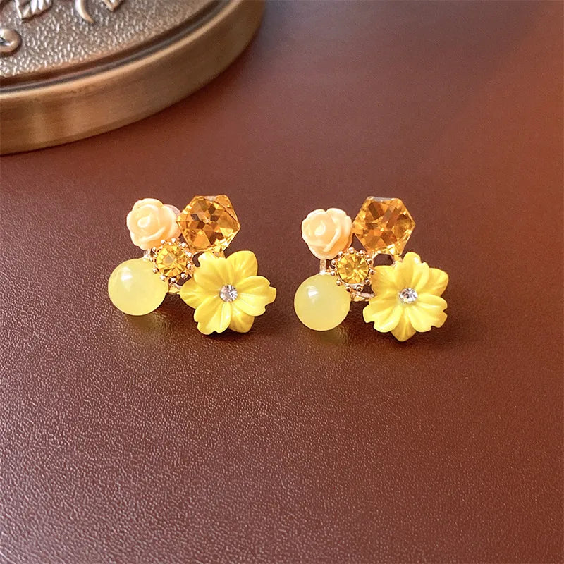 1 Pair Sweet Flower Plating Flowers Alloy Rhinestones Ear Studs