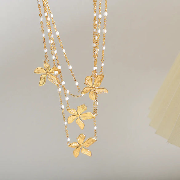 Sweet Flower Artificial Pearl Titanium Steel Enamel Plating 18k Gold Plated Pendant Necklace