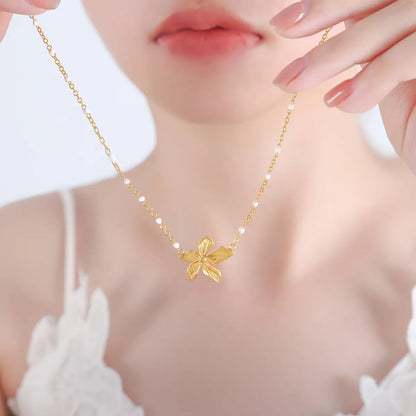 Sweet Flower Artificial Pearl Titanium Steel Enamel Plating 18k Gold Plated Pendant Necklace