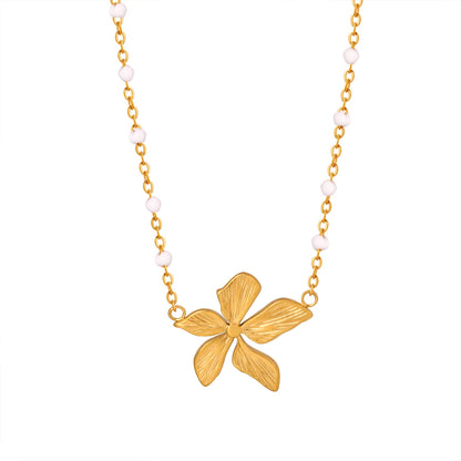 Sweet Flower Artificial Pearl Titanium Steel Enamel Plating 18k Gold Plated Pendant Necklace