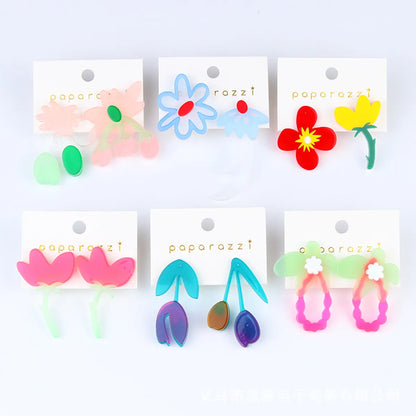 Sweet Flower Arylic Asymmetrical Earrings