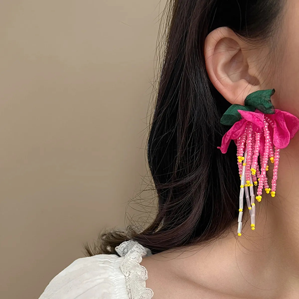 Sweet Flower Beaded Cloth Women's Drop Earrings