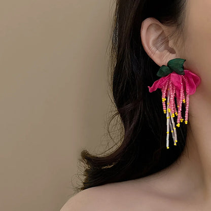 Sweet Flower Beaded Cloth Women's Drop Earrings