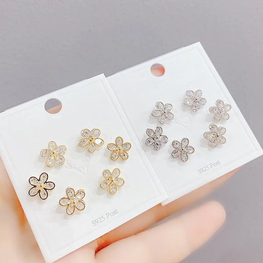 Sweet Flower Copper Ear Studs Plating Inlay Zircon Copper Earrings 3 Pairs